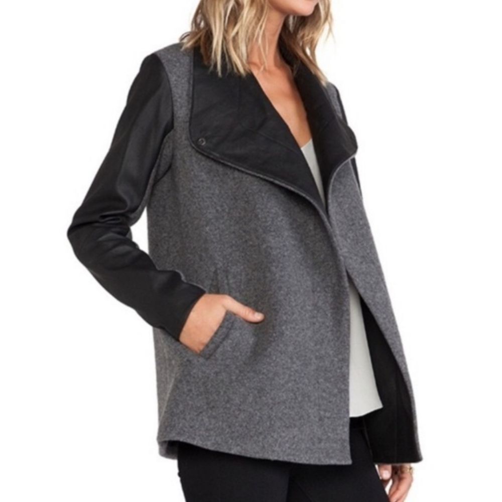 Theory Naomo Leather-Sleeve Felt Coat Size Small Gray Black Mixed Media S